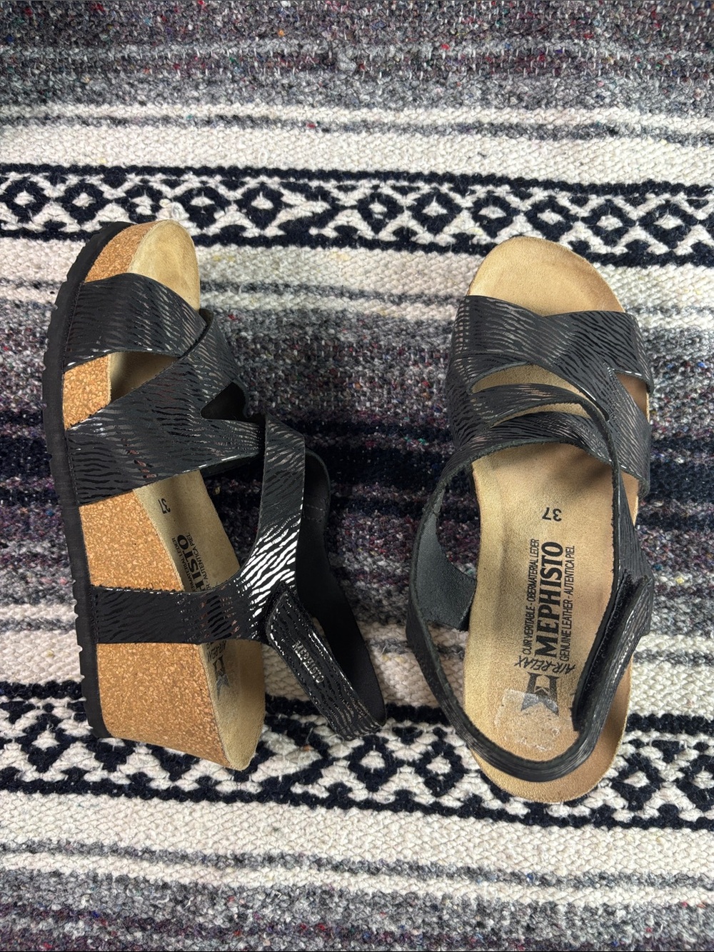 Mephisto Lyla Platform Wedges Sandals Cork Black Metallic Zebra Leather Sz 37/7